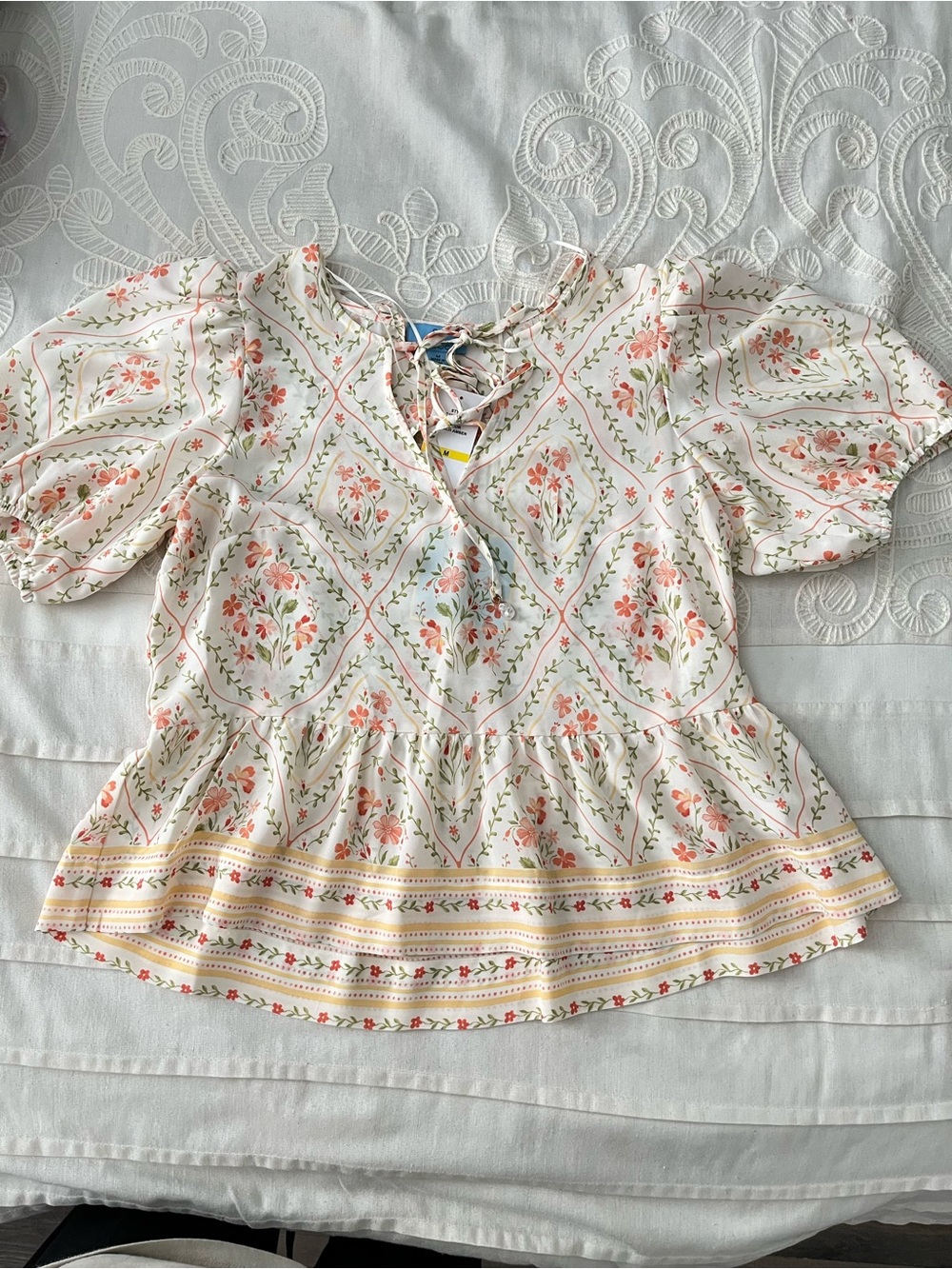 CeCe Cream Blouse with Coral Floral Print and Green Vines